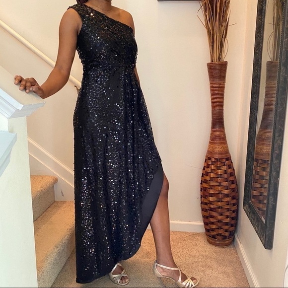 Max and Cleo black sequin asymmetrical evening dress Glam Party Bling Romantic - Picture 2 of 6